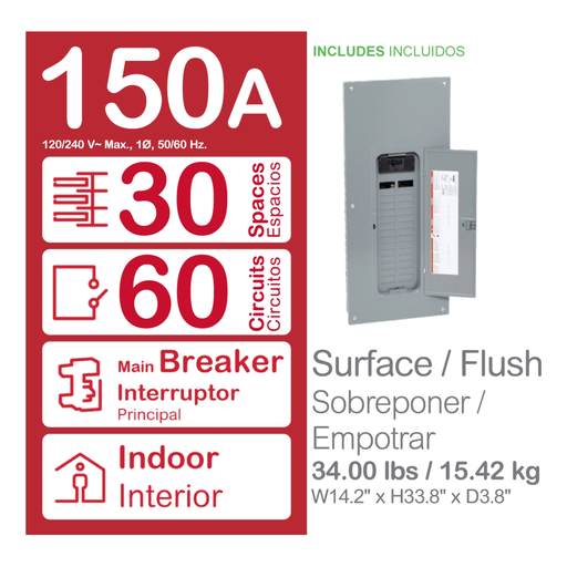Mayer-DDS-Load center, Homeline, 1 phase, 30 spaces, 60 circuits, 150A convertible main breaker, PoN, NEMA1, combo cover-2