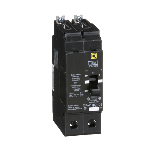EDB24020 - [TAA] Mini circuit breaker, E-Frame, 20A, 2 pole, 480Y/277VAC, 25kA max, bolt on