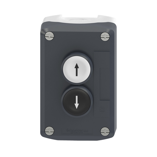 Mayer-DDS-Control station, Harmony XALD, XALK, plastic, dark grey lid, 2 flush push buttons 22mm, marked UP ARROW DOWN ARROW, 2NO-3