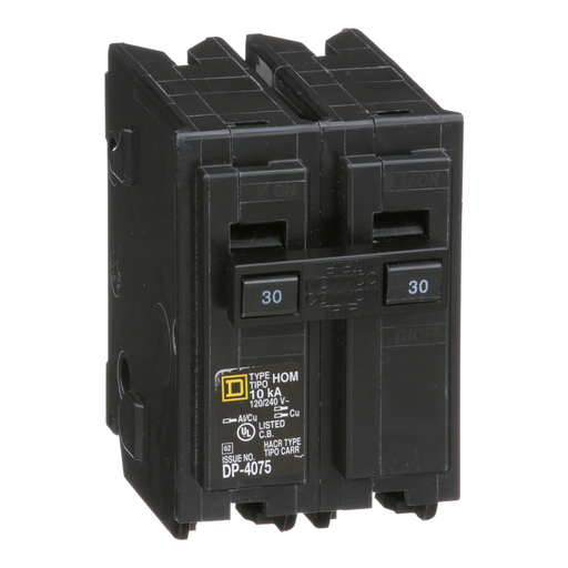 HOM230 - Mini circuit breaker, Homeline, 30A, 2 pole, 120/240VAC, 10kA AIR, standard type, plug in, UL