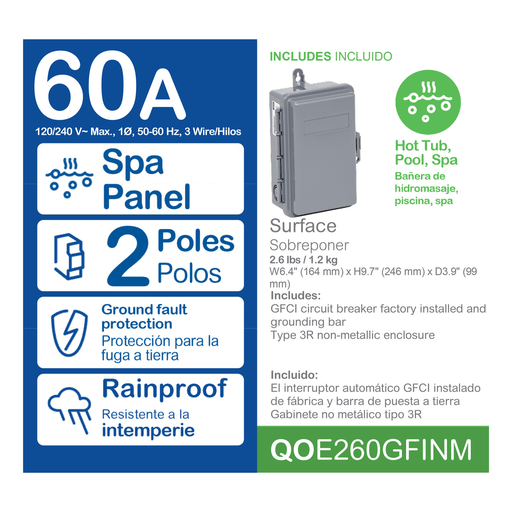 Mayer-DDS-Enclosed circuit breaker, QO, 2 pole, 1 phase, 60A, NEMA3R, ground fault protection, nonmetalic, spa-2