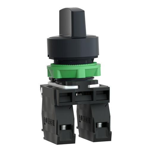 Mayer-DDS-Harmony, 22mm Push Button, 3 position selector switch, black, maintained, 2 NO, marked HAND OFF AUTO-2