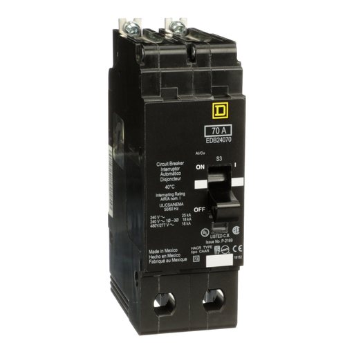 EDB24070 - Mini circuit breaker, E-Frame, 70A, 2 pole, 480Y/277VAC, 25kA max, bolt on [TAA]