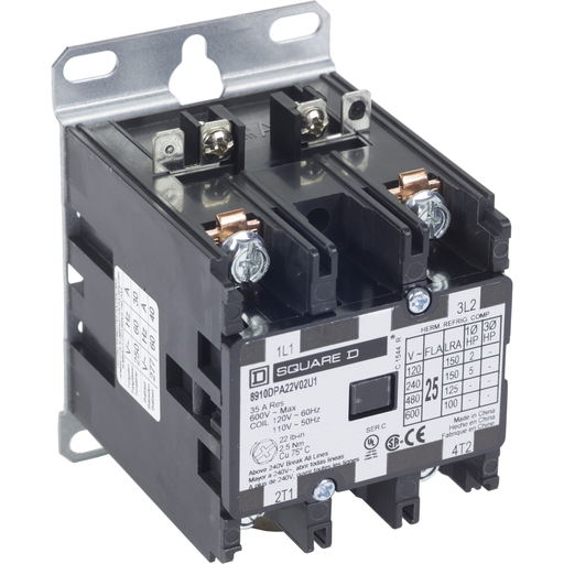 Mayer-DDS-Contactor, Definite Purpose, 25A, 2 pole, 5 HP at 230 VAC, 1 phase, 110/120 VAC 50/60 Hz coil, open, UL Listed-1