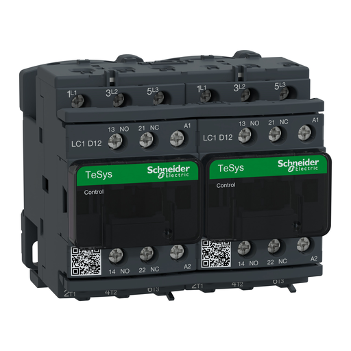 LC2D12G7V - IEC contactor, TeSys Deca reversing, 12A, 7.5HP at 480VAC, 3 phase, 3 pole, 3 NO, 120VAC 50/60Hz coil, open style