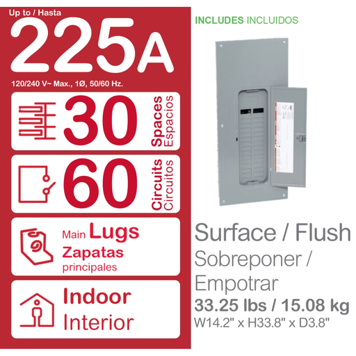 Mayer-DDS-Load center, Homeline, 1 phase, 30 spaces, 60 circuits, 225A convertible main lugs, PoN, NEMA1, gnd bar, value pack-2
