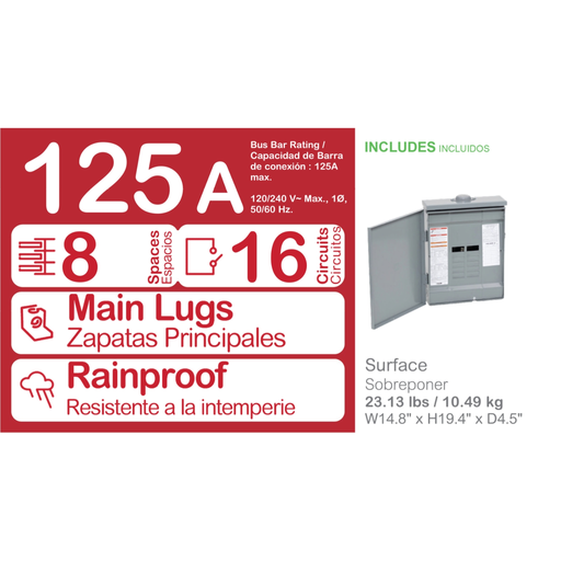 Mayer-DDS-Load center, Homeline, 1 phase, 8 spaces, 16 circuits, 125A convertible main lugs, PoN, NEMA3R-2