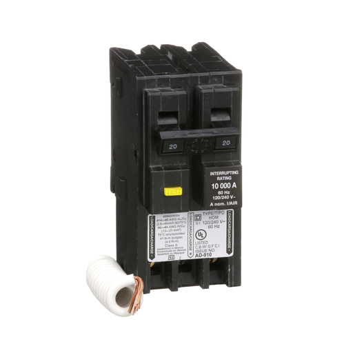 HOM220GFI - [TAA] Mini circuit breaker, Homeline, 20A, 2 pole, 120/240VAC, 10kA AIR, ground fault class A, plug in, UL