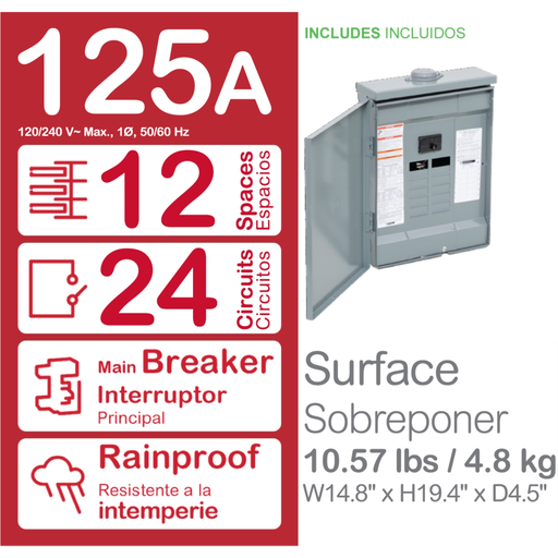Mayer-DDS-Load center, Homeline, 1 phase, 12 spaces, 24 circuits, 125A convertible main breaker, PoN, NEMA3R, value pack-2