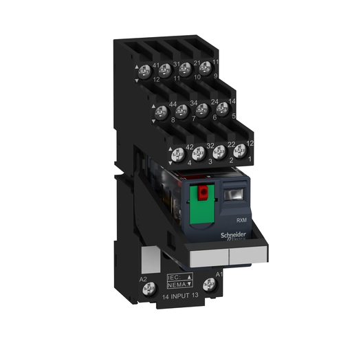 Mayer-DDS-miniature plug in relay pre assembled, Harmony Electromechanical Relays, 6A, 4CO, lockable test but to n, separate terminals socket, 230V AC-1