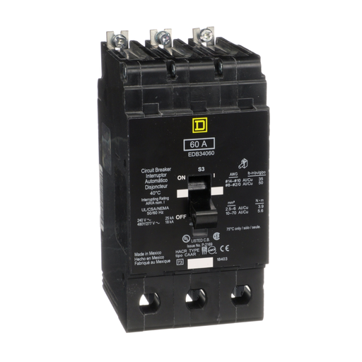 EDB34060 - [TAA] Mini circuit breaker, E-Frame, 60A, 3 pole, 480Y/277VAC, 25kA max, bolt on