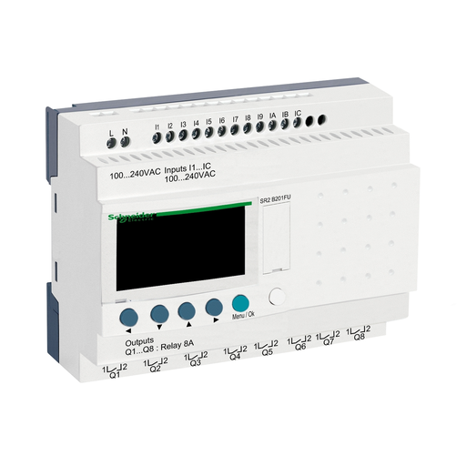 SR2B201FU - compact smart relay, Zelio Logic SR2 SR3, 20 IO, 100 to 240V AC, clock, display