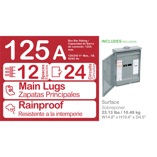 Mayer-DDS-Load center, Homeline, 1 phase, 12 spaces, 24 circuits, 125A convertible main lugs, PoN, NEMA3R-2