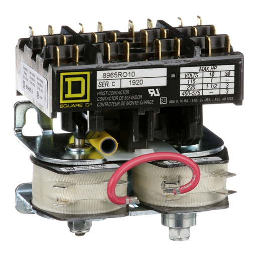 Product image for Square D 8965RO10V02 110/120 VAC Polyphase 3-Pole 1NO 1NC Open Type Reversing Definite Purpose Hoist Contactor
