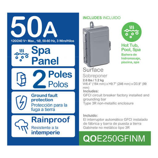 Mayer-DDS-Enclosed circuit breaker, QO, 2 pole, 1 phase, 50A, NEMA3R, ground fault protection, nonmetalic, spa-2