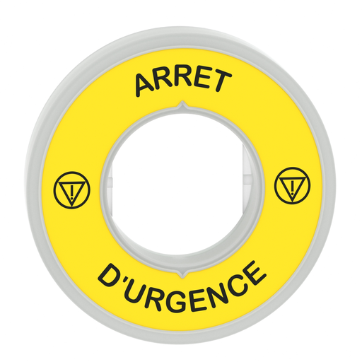 Mayer-DDS-Illuminated marked legend ring, Harmony XB5, 60mm, plastic, yellow, red fixed integral LED, marked ARRET D'URGENCE, 110...120V AC-2