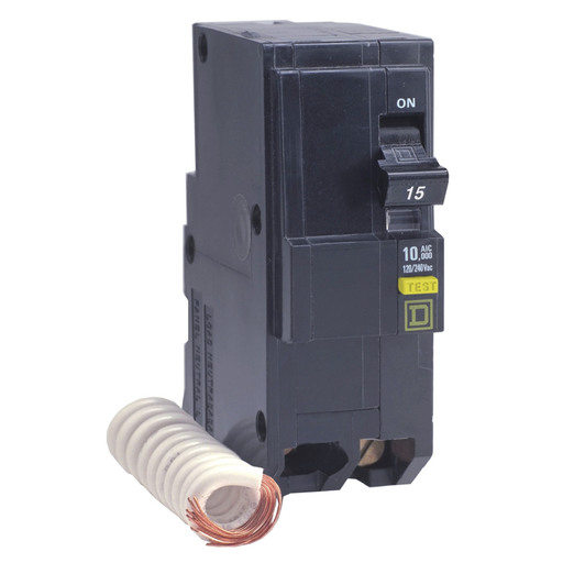 Mayer-DDS-Mini circuit breaker, QO, 15A, 1 pole, 120VAC, 10kA, bolt on, 6mA grd fault A, pigtail, 50 deg C [TAA]-1