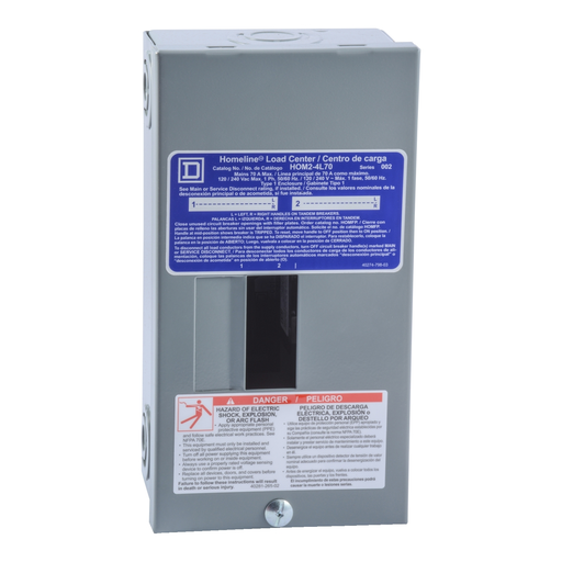Mayer-DDS-Load center, Homeline, 1 phase, 2 spaces, 4 circuits, 70A fixed main lugs, NEMA1, surface cover-2