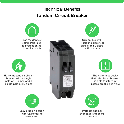 Mayer-DDS-Tandem circuit breaker, Homeline, 1 x 1 pole at 15A, 1 x 1 pole at 20A, 120/240VAC, 10kA AIR, plug in, UL-2