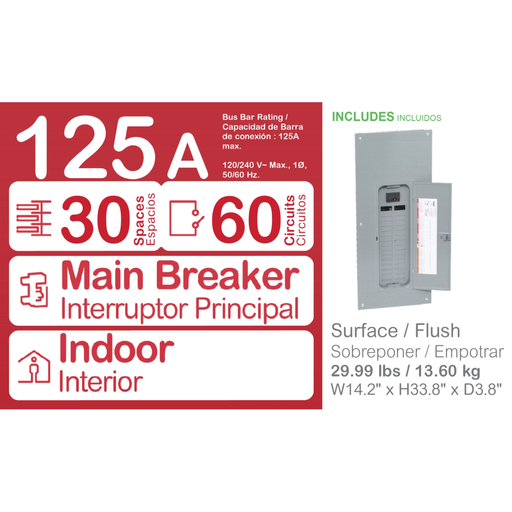 Mayer-DDS-Load center, Homeline, 1 phase, 30 spaces, 60 circuits, 125A convertible main breaker, PoN, NEMA1, combo cover-2