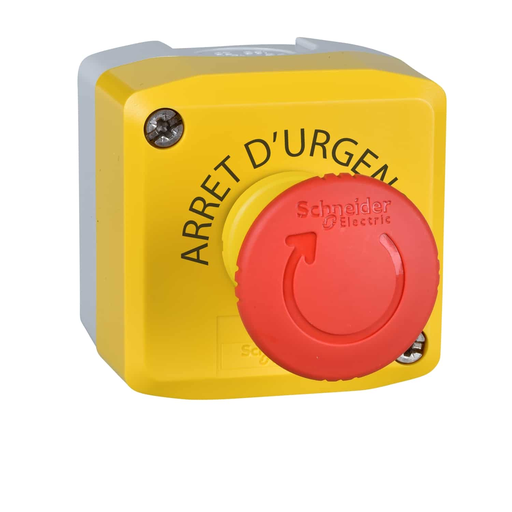 Mayer-DDS-Complete control station, Harmony XALD, XALK, plastic, yellow lid, 1 red mushroom push button 40mm, turn to release, 2NC-1