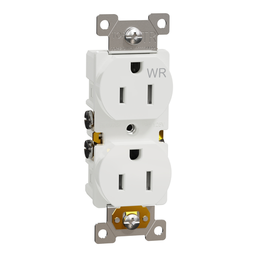 SQR42104WH - Socket-outlet, X Series, 15A, standard, duplex, tamper resistant, weatherproof, residential, white, matte finish