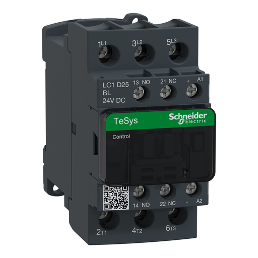 LC1D25BL - IEC contactor, TeSys Deca, nonreversing, 25A, 15HP at 480VAC, up to 100kA SCCR, 3 phase, 3 NO, low consumption 24VDC coil