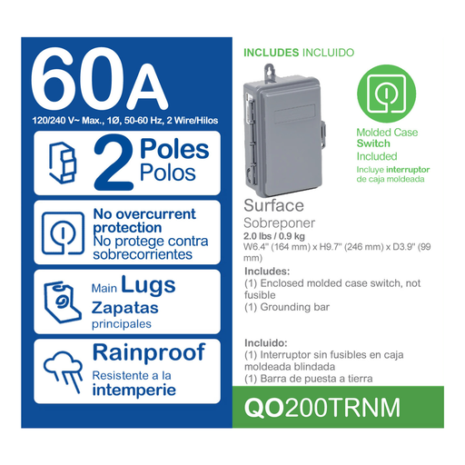 Mayer-DDS-Enclosed molded case switch, QO, 60A, 2 pole, 240VAC, 22kA, air conditioning, NEMA 3R, nonmetal-2