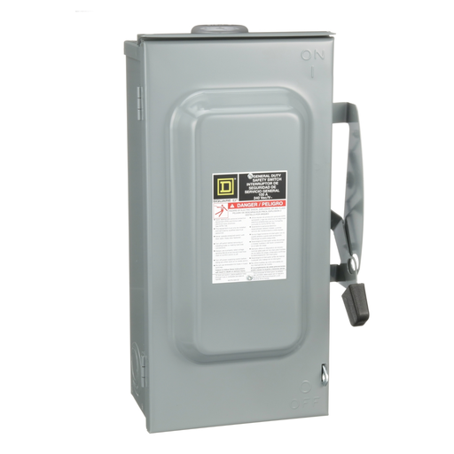 D323NRB - Safety switch, general duty, fusible, 100A, 3 pole, 30hp, 240VAC, NEMA 3R, 4 wire, 1 neutral, bolt on hub provision