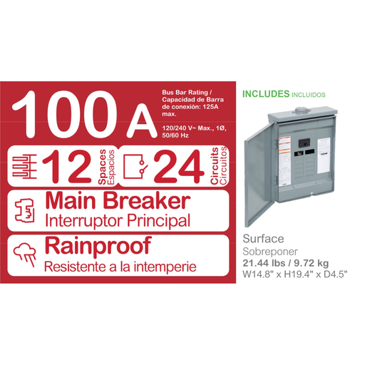 Mayer-DDS-Load center, Homeline, 1 phase, 12 spaces, 24 circuits, 100A convertible main breaker, PoN, NEMA3R-2