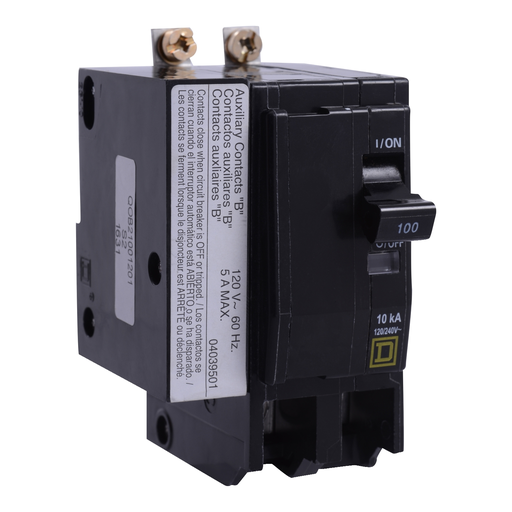 Mayer-DDS-Mini circuit breaker, QO, 100A, 2 pole, 120/240VAC, 10kA, bolt on, aux switch 1B-1