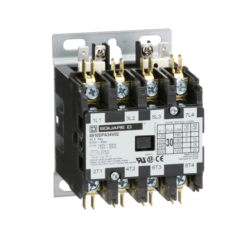 8910DPA34V02 - Contactor, Definite Purpose, 30A, 4 pole, 20HP at 575VAC, 3 phase, 110/120VAC 50/60Hz coil, open