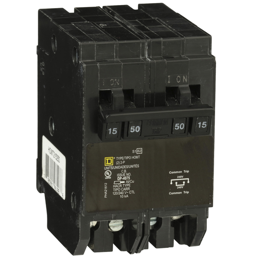 Mayer-DDS-Quad tandem circuit breaker, Homeline, 1 x 2 pole at 15A, 1 x 2 pole at 50A, 120/240VAC, 10kA AIR, plug in, UL-1
