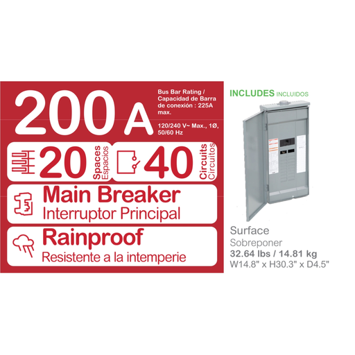 Mayer-DDS-Load center, Homeline, 1 phase, 20 spaces, 40 circuits, 200A convertible main breaker, PoN, NEMA3R-2
