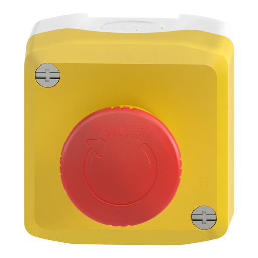 Mayer-DDS-Complete control station, Harmony XALD, XALK, plastic, yellow lid, 1 red mushroom push button 40mm, turn to release, 2NC-3