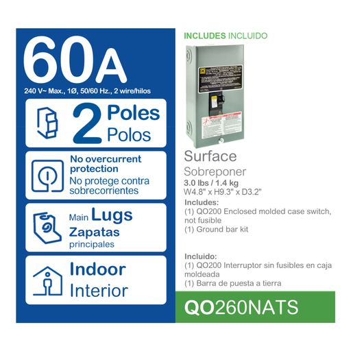 Mayer-DDS-Enclosed molded case switch, QO, 60A, 2 pole, 240VAC, 22kA, NEMA 1-2