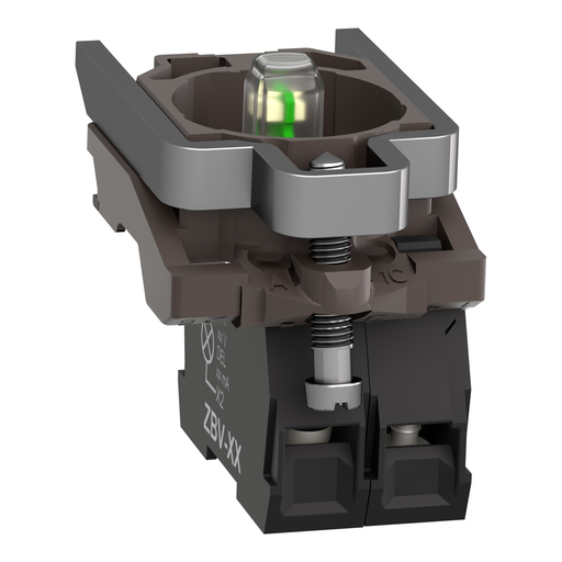 Mayer-DDS-Complete body contact assembly and light block, Harmony XB4, metal, universal LED, body fixing collar, 1NO, 110...120V AC-2