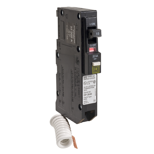 Mayer-DDS-Mini circuit breaker, QO, 15A, 1 pole, 120VAC, 22kA, plug in, combo ARC fault, pigtail [TAA]-1