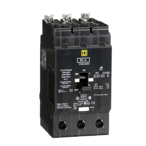 EDB34080 - [TAA] Mini circuit breaker, E-Frame, 80A, 3 pole, 480Y/277VAC, 25kA max, bolt on