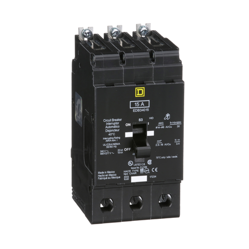 EDB34015 - [TAA] Mini circuit breaker, E-Frame, 15A, 3 pole, 480Y/277VAC, 25kA max, bolt on