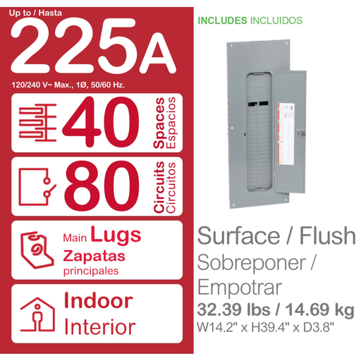 Mayer-DDS-Load center, Homeline, 1 phase, 40 spaces, 80 circuits, 225A convertible main lugs, PoN, NEMA1, combo cover-2