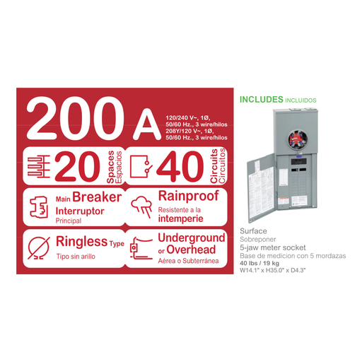 Mayer-DDS-All in one, Homeline, combination service entrance, ringless socket, 200A, surface mount, 20 spaces, 40 circuits, 22kA SCCR, horn bypass-2