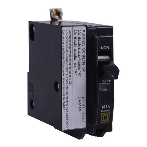Mayer-DDS-Mini circuit breaker, QO, 15A, 1 pole, 120/240VAC, 10kA, bolt on, aux switch 1A-1