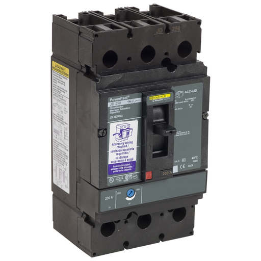 JDL36200LY - Circuit breaker, PowerPacT J, 200A, 3 pole, 600VAC, 14kA, lugs, thermal magnetic, 80%, low amp lugs