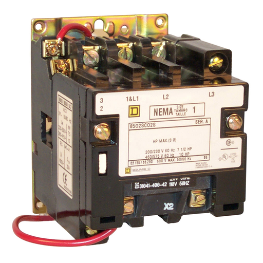 8502SCO2V06 - NEMA Contactor, Type S, nonreversing, Size 1, 27A, 10HP at 575VAC, 3 phase, up to 100kA, 3 pole, 480VAC coil, open [TAA]