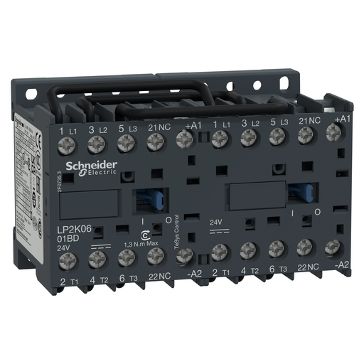 LP2K1201BD - Reversing contactor, TeSys K, 3P, AC-3, lt or eq to 440V 12 A, 1 NC, 24VDC coil