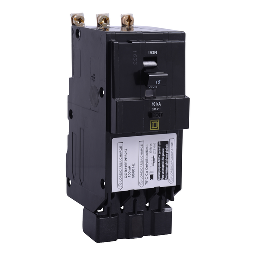Mayer-DDS-Mini circuit breaker, QO, 15A, 3 pole, 240VAC, 10kA, bolt on, 100mA grd fault B, ring [TAA]-1