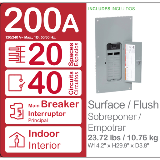 Mayer-DDS-Load center, Homeline, 1 phase, 20 spaces, 40 circuits, 200A convertible main breaker, PoN, NEMA1, combo cover-2