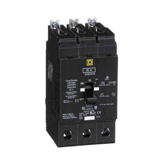 EGB34015 - [TAA] Mini circuit breaker, E-Frame, 15A, 3 pole, 480Y/277VAC, 65kA max, bolt on