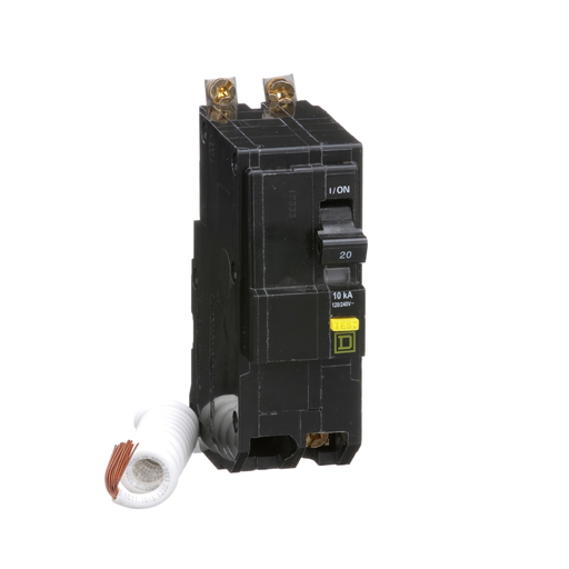 Picture of QOB220GFI - [TAA] Mini circuit breaker, QO, 20A, 2 pole, 120/240VAC, 10kA, bolt on, 6mA grd fault A, pigtail